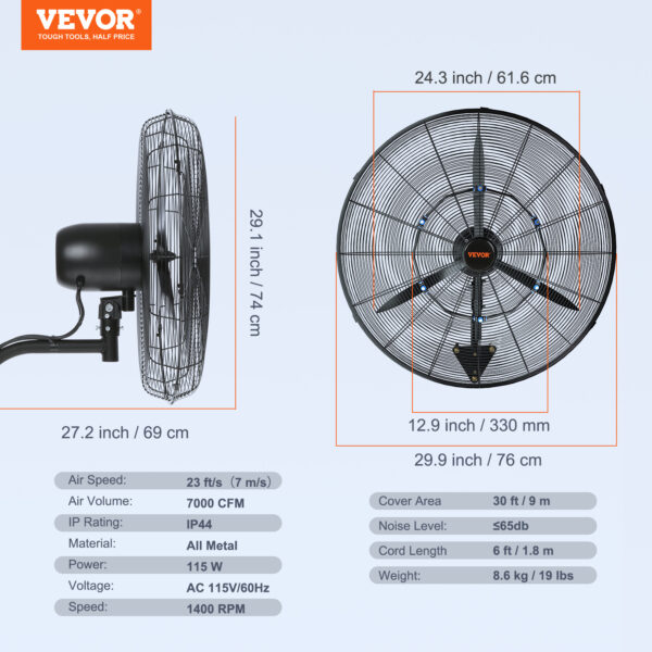 VEVOR 24-Inch Wall-Mount Misting Fan, 3-Speed High-Velocity, Max 7000 CFM, Waterproof Oscillating Industrial Fan, Suitable for Commercial or Residential Use in Warehouses, Greenhouses, Workshops, Black, ETL Listed - Image 4