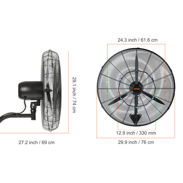 VEVOR 24-Inch Wall-Mount Misting Fan, 3-Speed High-Velocity, Max 7000 CFM, Waterproof Oscillating Industrial Fan, Suitable for Commercial or Residential Use in Warehouses, Greenhouses, Workshops, Black, ETL Listed - Image 3