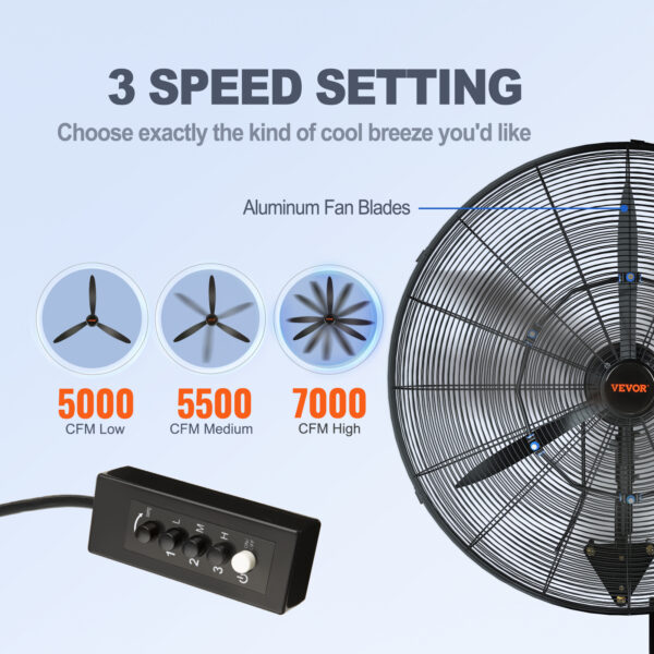 VEVOR 24-Inch Wall-Mount Misting Fan, 3-Speed High-Velocity, Max 7000 CFM, Waterproof Oscillating Industrial Fan, Suitable for Commercial or Residential Use in Warehouses, Greenhouses, Workshops, Black, ETL Listed - Image 2