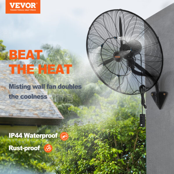 VEVOR 24-Inch Wall-Mount Misting Fan, 3-Speed High-Velocity, Max 7000 CFM, Waterproof Oscillating Industrial Fan, Suitable for Commercial or Residential Use in Warehouses, Greenhouses, Workshops, Black, ETL Listed