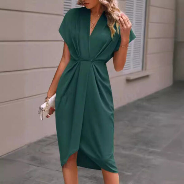 Summer Batwing Sleeve Dress Fashion V-neck Short Sleeve Pleated Dresses Womens Clothing - Image 4
